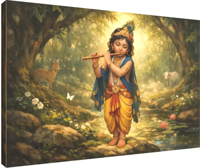 Young Krishna Playing Flute in Enchanted Forest | PrintPosters.in
