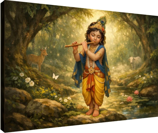 A young Lord Krishna standing by a stream in a glowing forest, playing a flute while a cow and deer watch. | PrintPosters.in