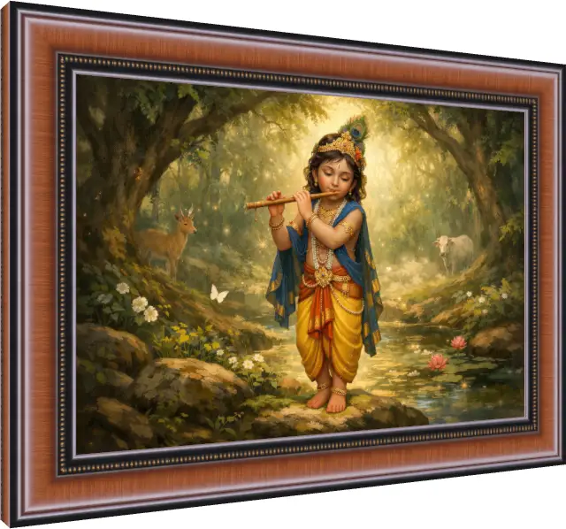 Young Krishna Playing Flute in Enchanted Forest — photo frame preview | PrintPosters.in