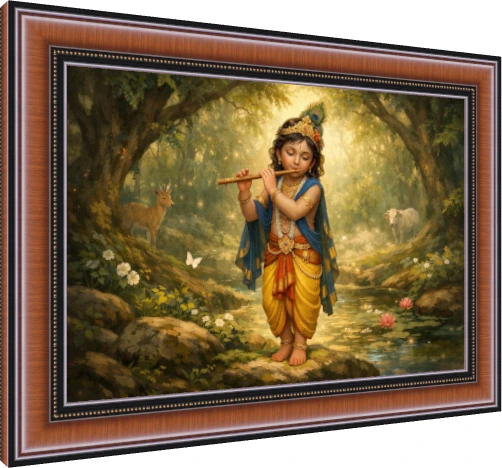 A young Lord Krishna standing by a stream in a glowing forest, playing a flute while a cow and deer watch. — photo frame preview | PrintPosters.in